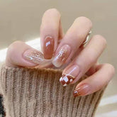 24Pcs/Box Champagne Checkerboard Short Ballet Wearable Fake Nails Press on Square Head Full Cover Detachable Fingernails