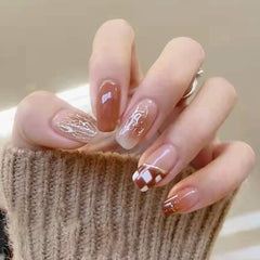 24Pcs/Box Champagne Checkerboard Short Ballet Wearable Fake Nails Press on Square Head Full Cover Detachable Fingernails