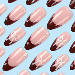 YICKYUE - 24pcs Red French Fake Nails with White Bow Decor Sweet Girls False Nail Tips Wearable Full Cover Ins Simple Almond Press on Nail