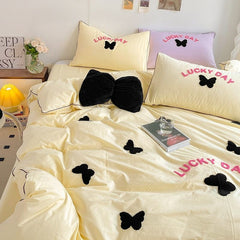 Yickyue Korea Ins Yellow Bedding Set With Black Butterfly Soft Wash Cotton Quilt Cover Bed Sheet Girls Kids Decor Home Textiles