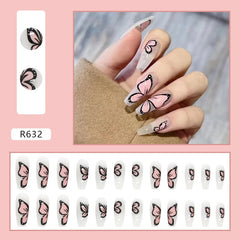 Yickyue 24Pcs False Nails Fake Nails Press on Nails The Butterfly Flowers Love Cool The Butterfly Wine Red Shading Grid Texture Square