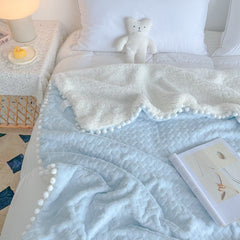 Yickyue Pom Pom Blanket Solid Soft Fleece Pompom Fringe Blanket for Bed Sofa Decorative Cozy Plush Warm Velvet Tassel Throw Blanket