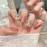 YICKYUE - Handmade Sweet Pink Cat Eye Press on Nails Glitter Diamond Decor False Nail Tips Wearable Full Cover Korean Short False Nails
