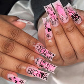 YICKYUE - Sweet Graffiti Pink Halo Dyeing Moon Star Love Heart Long Square Fake Art Nail Detachable Finished False Nail Tip Press on Glue