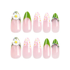 YICKYUE - French Fresh Green White Daisy Rhinestone Almond Shape Fake Art Nails Fashion Detachable Finished False Nail Press on Nail Glue