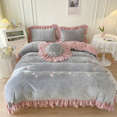 Flowers Embroidery Princess Bedding Set Shaggy Velvet Fleece Ruffles Duvet Cover Quilt Cover Set Bed Skirt Bedspread Pillowcases