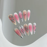YICKYUE - 10pcs Handmade Press on Nails Pink Blush 3D Metal Star Decor Fake Nail Tips Reusable Wearable Y2k Long Pointed False Nails
