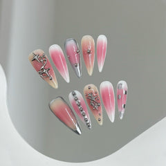 YICKYUE - 10pcs Handmade Press on Nails Pink Blush 3D Metal Star Decor Fake Nail Tips Reusable Wearable Y2k Long Pointed False Nails