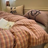 YICKYUE - INS Vintage Plaid Cotton Washed Bedding Set with Korean Lace | Soft 4-Piece Quilt Cover Sheet Pillowcases