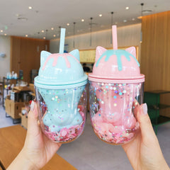 Creative Kawaii cat claw double layer plastic water cup girl heart fashion straw cup light double layer lovely petal cat cup