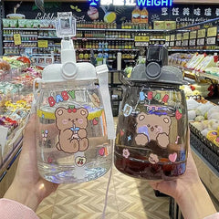 1300ml Kawaii Bear Big Capacity Water Bottle With Straw Strap Sticker Plastic Portable Sport Drink Bottles For Children Girl