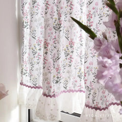 YICKYUE - Romance Printed Short Curtain with Embroidery White Ruffled Light Purple Plant Flower Patten Cotton Kitchen Curtains Home Decor