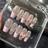 YICKYUE - 10pcs New Handmade False Nails French Pink Bow Pearl Fake Nail Patches Wearable Detachable Lovely Ballet Lady Press on Nails
