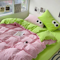 YICKYUE - Korean Duvet Cover Set No Filler Pink Green Strips Cute Eyes Flat Sheet Pillowcase Single Double Size Boys Girls Bed Linen