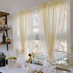 Yickyue French Cream Style Ruffled Lace Tulle Curtains Light Yellow Romantic Short Sheer Curtain For Living Room Bedroom Glass Door