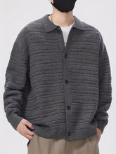 Hearujoy Men'S Fall/Winter Casual Rib-Knit Cardigan, Acrylic Blend, Preppy Style, Loose Fit, Relaxed Shoulder, Long Sleeve, Solid Color, Medium Stretch, Knit Fabric, with Lapel Collar and Open Front for Men