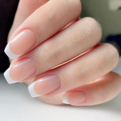 24Pcs Shiny Natural Press On French Fake Nails With Jelly Glue Glitter Long Square Artificial False Nail Tips DIY Manicure Tool