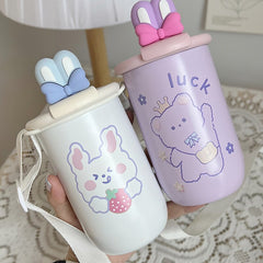 Kawaii Bear Rabbit Vacuum Water Bottle Cute Stainless Steel Coffee Tea Beer Thermal Cup With Lid Strap Drinking Cup For Girl