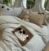 YICKYUE - Cute embroidery dog plaid bedding set single double,twin full queen king cotton home textile bed sheet pillowcase quilt cover
