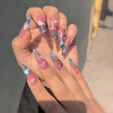 Yickyue 24pcs/box Eid Mubarak stiletto false nails with designs star moon wearable gradient artificial nails with glue full cover nails