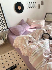 YICKYUE - Vintage Pastel Pink Stripes Bedding Set