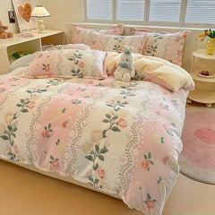 YICKYUE - Luxurious 4pcs Milk Fleece Bedding Set - Soft & Warm Floral Duvet Cover, Pillowcases, and Sheets for Cozy Autumn & Winter Comfort