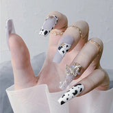 24pcs White Black Fake Nails with Designs Long Coffin Ballerina False Nails Butterfly Metal Press On Nail Manicure Tip