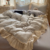 YICKYUE - Korean Style Washed Cotton Checkered Bedding Set - Lace Trim