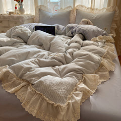 YICKYUE - Korean Style Washed Cotton Checkered Bedding Set - Lace Trim