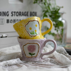 YICKYUE - Retro Irregular Ceramic Mug, Hand-painted, Oil Painting Style, Coffee Breakfast Cup, Birthday Gift, Drink Set