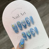 YICKYUE - 10Pcs Handmade Press on Nails Long Ballet Blue Fake Nails with 3D Ocean Moon Rhinestone Design False Nails Full Cover Nail Tips