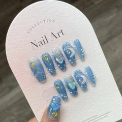 YICKYUE - 10Pcs Handmade Press on Nails Long Ballet Blue Fake Nails with 3D Ocean Moon Rhinestone Design False Nails Full Cover Nail Tips
