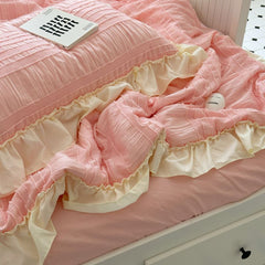 YICKYUE - 1/3Pc Pink Korean Style Princess Lace Ruffle Soft Brushed Seersucker Summer Quilt Single Double Quilted Summer Comforter Blanket
