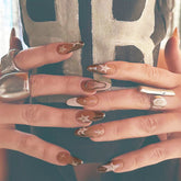 YICKYUE - Y2k Press On Nails With Rhinestones Decor Long False Nails Almond Fingernail Silver White Five-pointed Star Fake Nails Press On