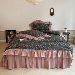 Yickyue Vintage French Ruffles Princess Bedding Set Floral Pattern Washed Cotton Nordic Quilt Cover Set Bed Skirt Bed Linen Pillow Shams