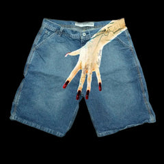 Hearujoy 90s Streetwear Gothic Finger Hip Hop Graphic Print Denim Shorts Y2k Retro Blue Baggy Gym Shorts Fashion Streetwear Jorts Men Basketball Shorts