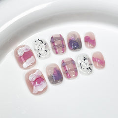 YICKYUE - 10Pcs Handmade Press on Nails Cute Short Watercolor Fake Nails INS Irregular Design Ballet False Nails Full Cover Art Nail Tips