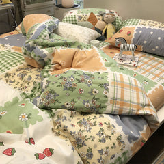 YICKYUE - Vintage flower strawberry plaid bedding set,single double cotton twin full queen home textile bed sheet pillow case duvet cover