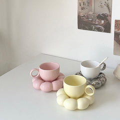 Nordic Pink Flower Ceramic Coffee Mug Saucer Reusable Creative Cute Home Decorative Breakfast Latte Milk Tea Cup Set Couple Gift