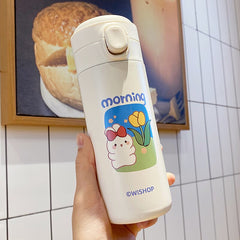 Japanese Style Kawaii Good Morning 304 Stainless Steel Bouncing Mug Water Cup Student Cute Pea Mug Outdoor Portable Water Bottle