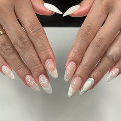 YICKYUE - 24pcs White Almond False Nails French 3D Flower Design Nails Fake Press on Acyrlic Nails Wearable Ballerina Full Over Nail Tips