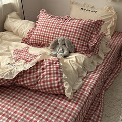 YICKYUE - Korean Red Gingham Bedding - Puppy Appliqué 4pc Washed Cotton Set