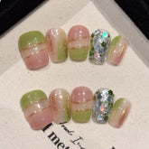 YICKYUE - 10Pcs Gradient Green Pink Fake Nails Natural Gentle False Nails Wearable Short Coffin Nail Tips Sequin Line Press on False Nails