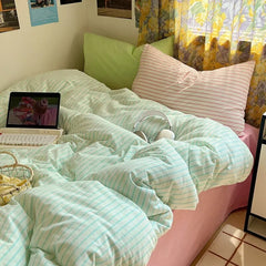 Yickyue Hot Sale Striped Cotton Bedding Set Soft & Skin-Friendly Duvet Cover Sets Japan and Korea Style Design Bed Linen Set