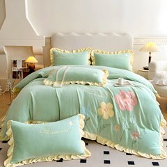 Yickyue - Floral Embroidery Matte Milk Velvet Comforter Cover Bedding Set