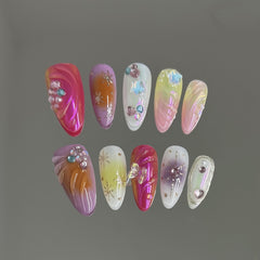 YICKYUE - 10pcs Handmade Press on Nails Sweet Cool Aurora Butterfly Star Fake Nail Tips Wearable Summer Spice Girls Almond False Nails