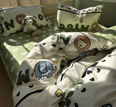 Yickyue - Cute cartoon bear lion elephant bedding set,twin full queen green lovely cotton home textile bed sheet pillow case quilt cover