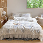 Yickyue French-style Hollow Lace Embroidery Washed Cotton Bedding Set Princess Style Flat sheet/Bed Skirt(1.5/1.8/2.0m Size,4pcs,White)