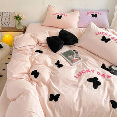 Yickyue Korean Girls' Bed Set Ins Butterfly Embroidered Duvet Cover Washed Cotton Quilt Cover Bed Sheets Solid Color Bed Linens Bedroom