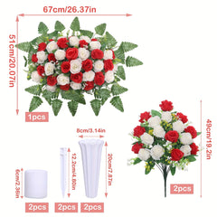 YICKYUE - 3pcs Elegant Red & White Rose Artificial Flower Arrangements - Ideal for Graveyard Memorials, Home & Outdoor Decor, Farewell Tributes, Farewell Tribute Decor | Elegant Flower Arrangement | Durable Fabric Flowers,